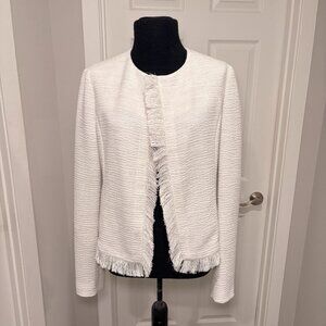 Hugo Boss White Tweed Open Jacket with Fringe Trim, Sz 4